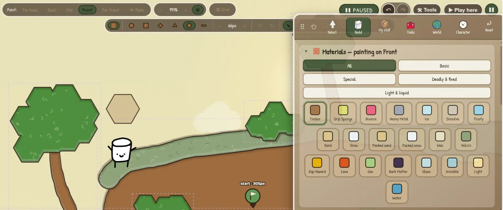 A real screenshot from ScribbleBuild: the level editor open beside the marshmallow, showing a materials panel with timber, bounce, ice, lava, glass, water and more.