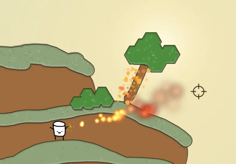 A real screenshot from ScribbleBuild: the marshmallow character sprays fire across a dirt hill and sets a blocky tree alight.