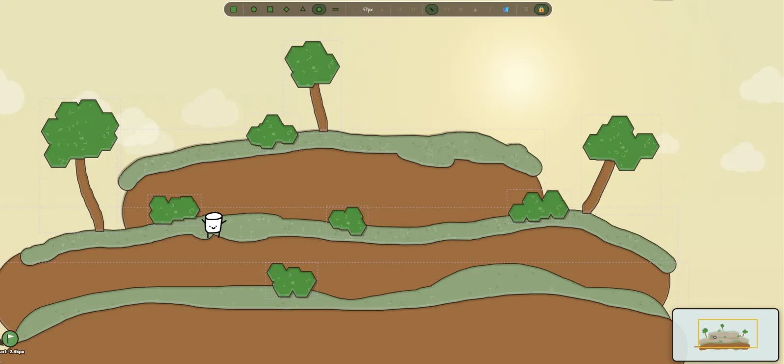 A real screenshot from ScribbleBuild: a wide view of rolling brown dirt hills with grassy green tops and blocky trees, with the little white marshmallow character standing on the middle hill.