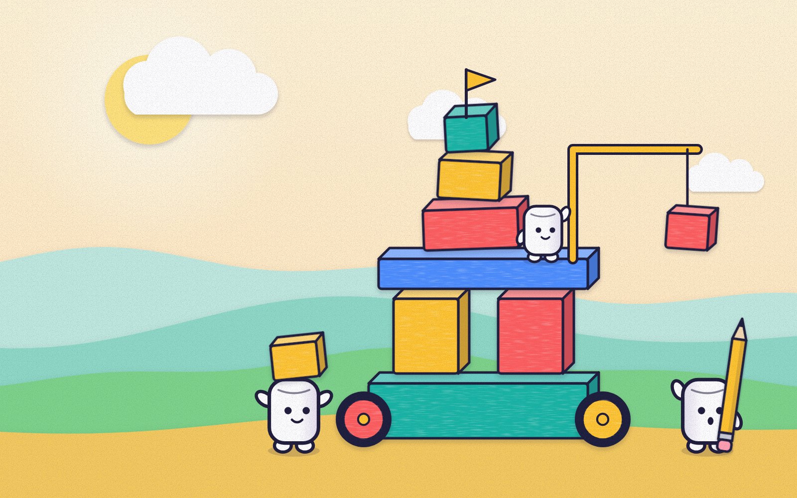 Concept art for ScribbleBuild, not a screenshot of the game: players stacking hand-drawn blocks, wheels and a crane into one large machine.