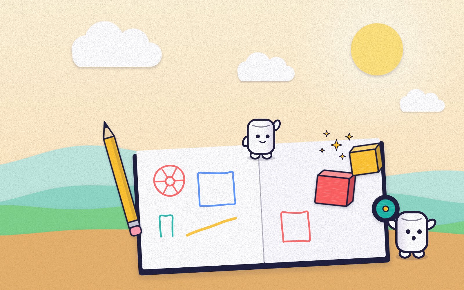 Concept art for ScribbleBuild, not a screenshot of the game: a sketchbook of game ideas with sketches turning into real objects.