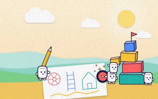 Concept art for ScribbleBuild: players stacking drawings that became real objects
