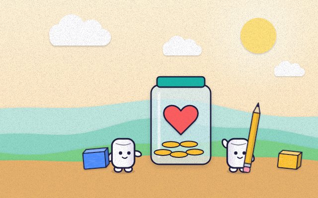 Concept art for ScribbleBuild: two players beside a jar with a paper heart
