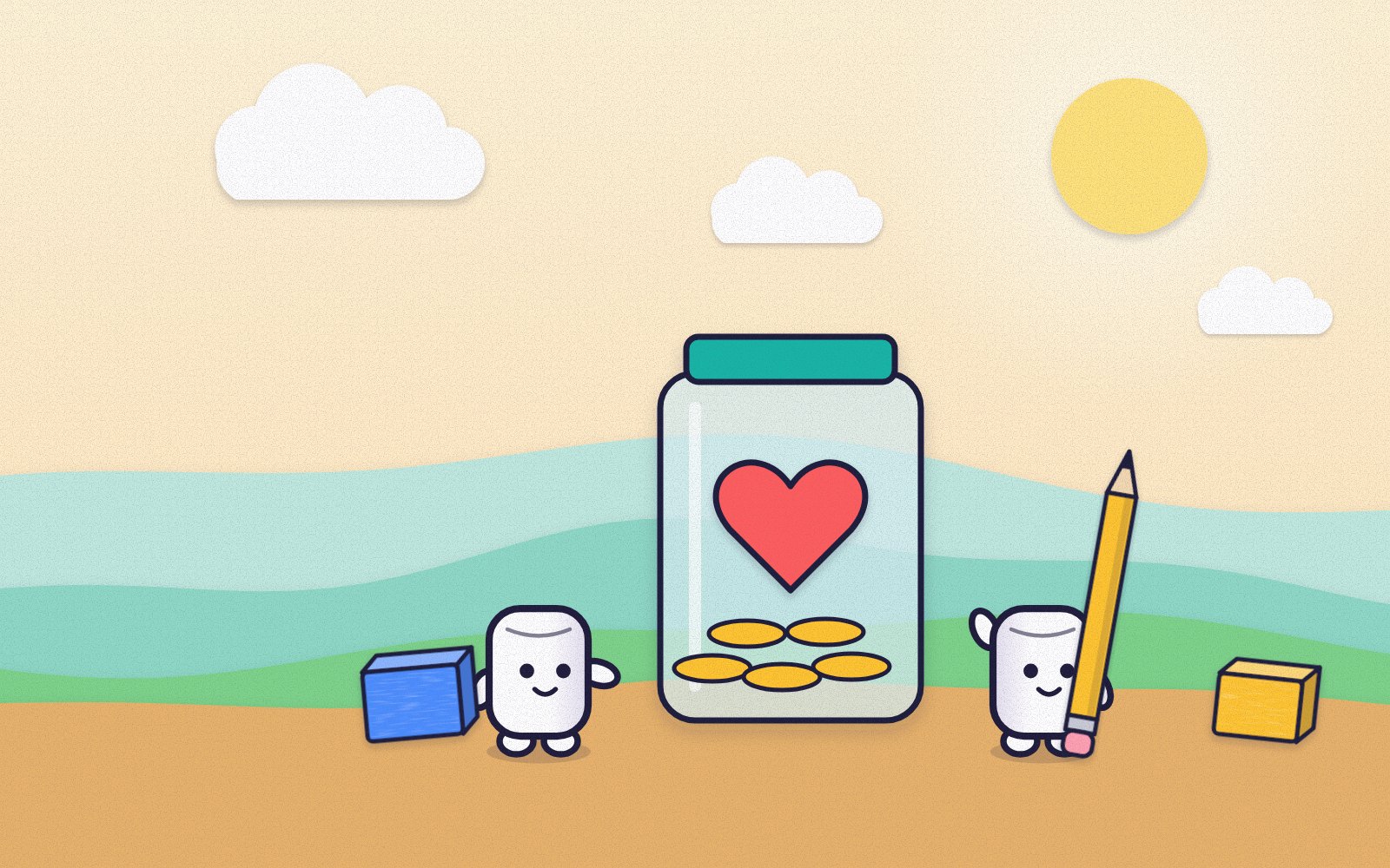 Concept art for ScribbleBuild, not a screenshot of the game: two small players beside a jar with a paper heart and a few coins in it.