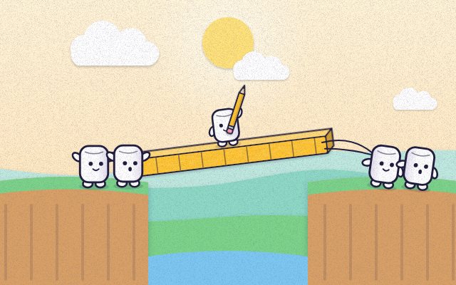 Concept art for ScribbleBuild: five players lifting a bridge piece together